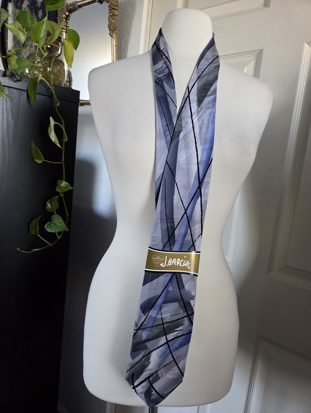 J. Garcia blue geometric abstract pattern tie 100% Silk